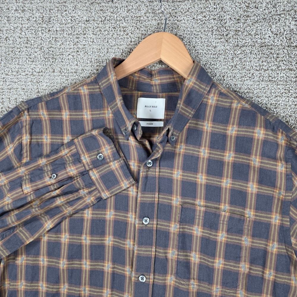 Billy Reid Mens Standard Fit Plaid Button Down Shirt Size Large Brown